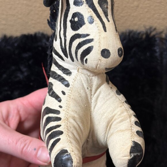 Vintage Zebra  Oil Cloth Stuffed Zebra Pin Cushion  Red Ribbon & Thread Spool - Picture 5 of 8